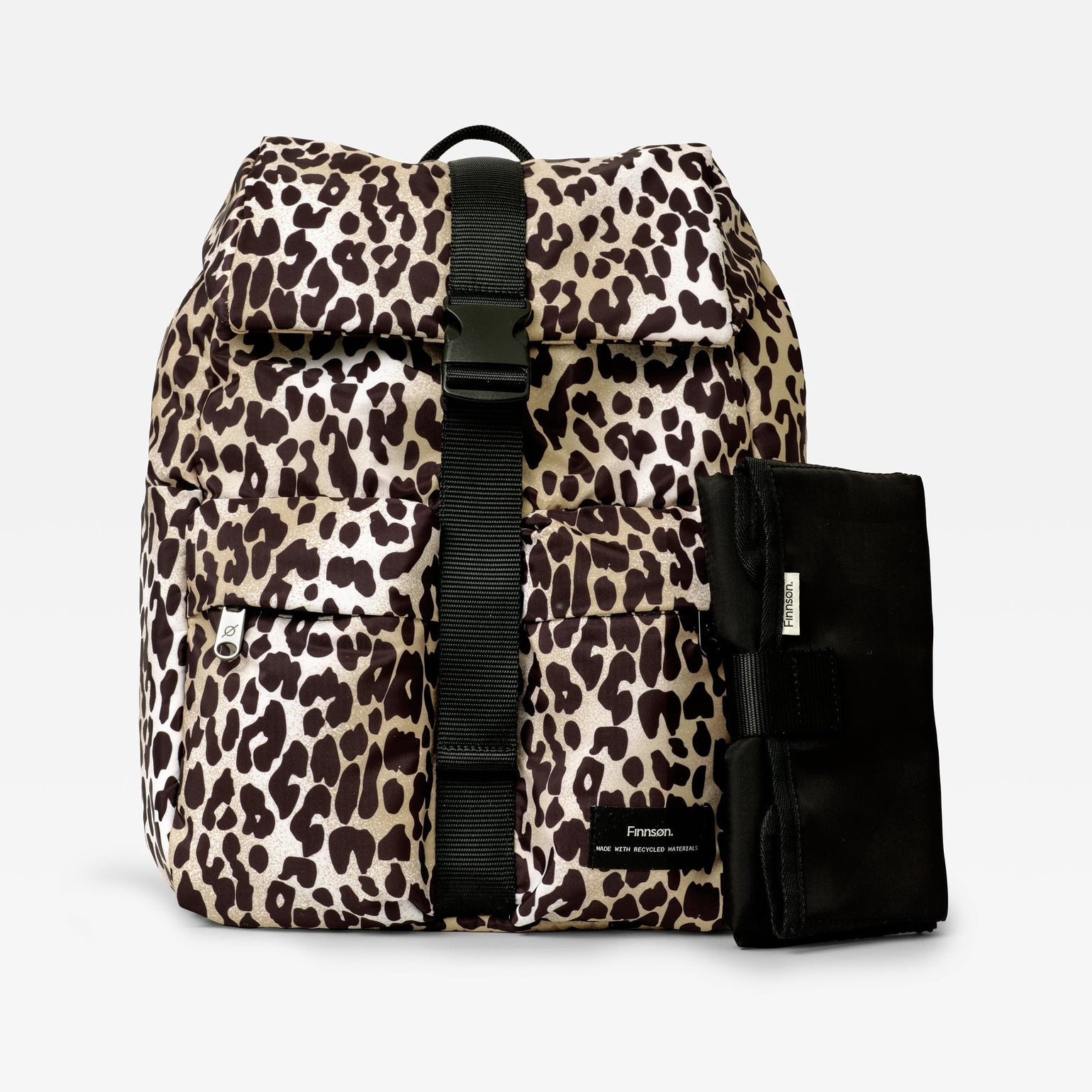 Elise Leopard print changing backpack with a black strap and changing mat on a light gray background