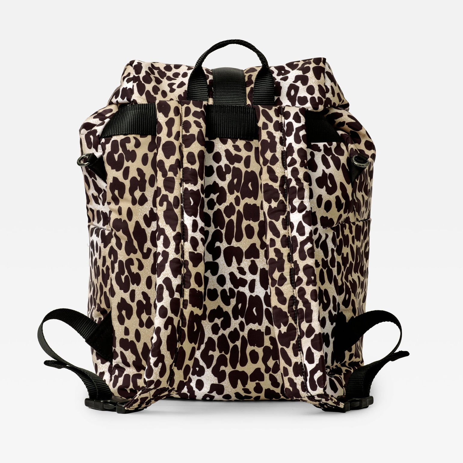 Elise Leopard print backpack with black straps on a light gray background