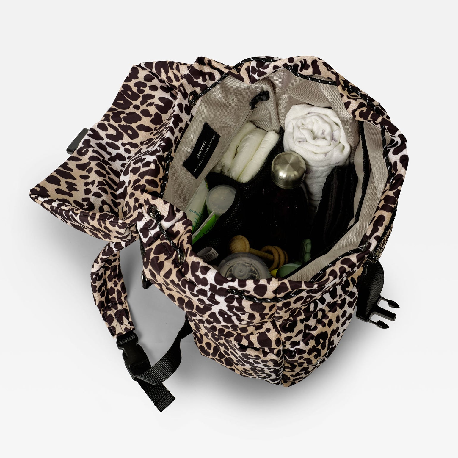 Elise Leopard print changing backpack with baby items on a light gray background