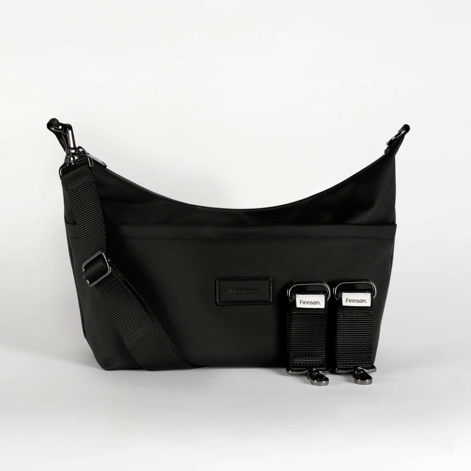 Fia Black shoulder stroller organiser bag with straps on a white background