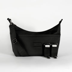 Fia Black shoulder stroller organiser bag with straps on a white background