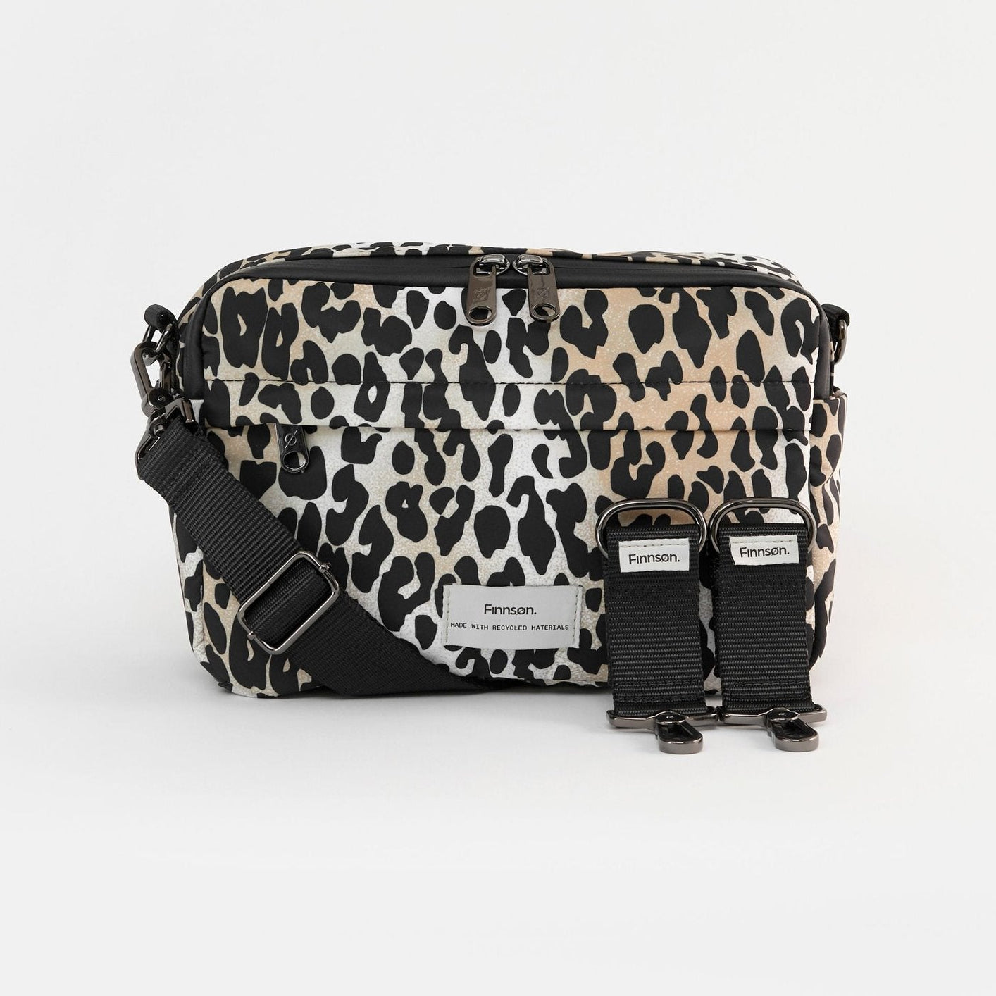 A Frida leopard print eco stroller organiser bag with 2 stroller clips, shown against a plain white background.
