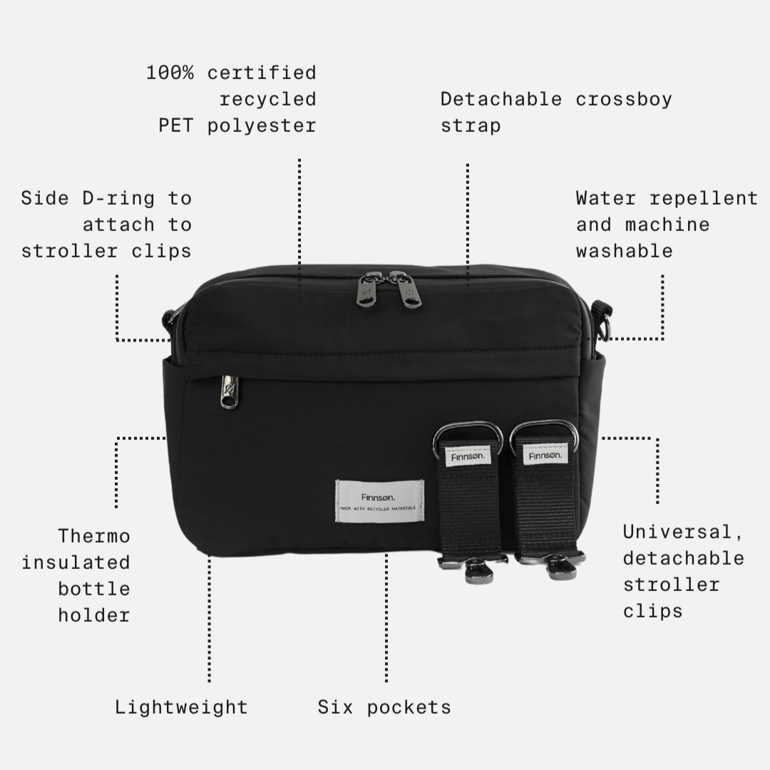 Black bag with features listed on a white background