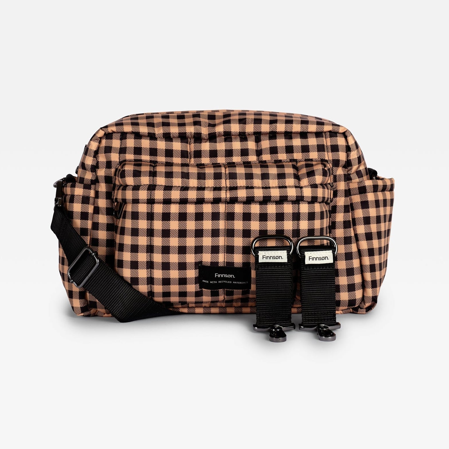 A gingham checked crossbody bag with black straps and buckles, displayed against a light gray background.