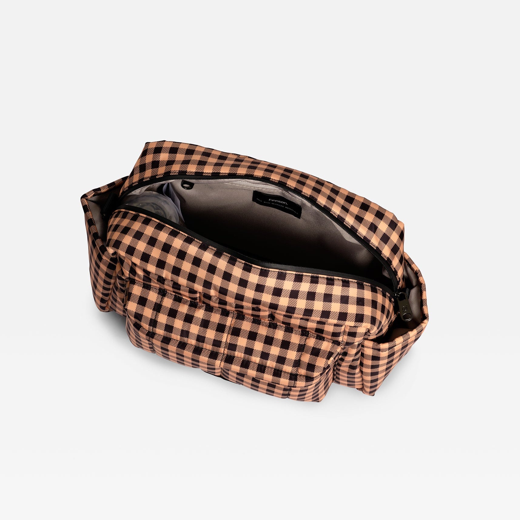 A gingham checked bag shown from an overhead angle, with its black interior lining visible.