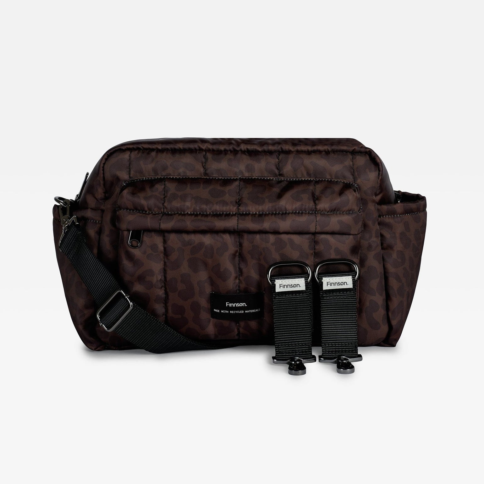 A Freya choco leopard print stroller organizer bag with a black adjustable strap and two osten stoller clips attachments, displayed against a clean white background.