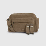 A freya mocha borg bag with an adjustable shoulder strap and two stroller clips, shown against a light gray background.