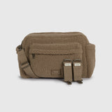 A freya mocha borg bag with an adjustable shoulder strap and two stroller clips, shown against a light gray background.