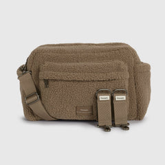 A freya mocha borg bag with an adjustable shoulder strap and two stroller clips, shown against a light gray background.