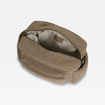 Freya mocha borg bag, shown open to reveal a light beige interior lining. The pouch is photographed on a clean, solid white background.