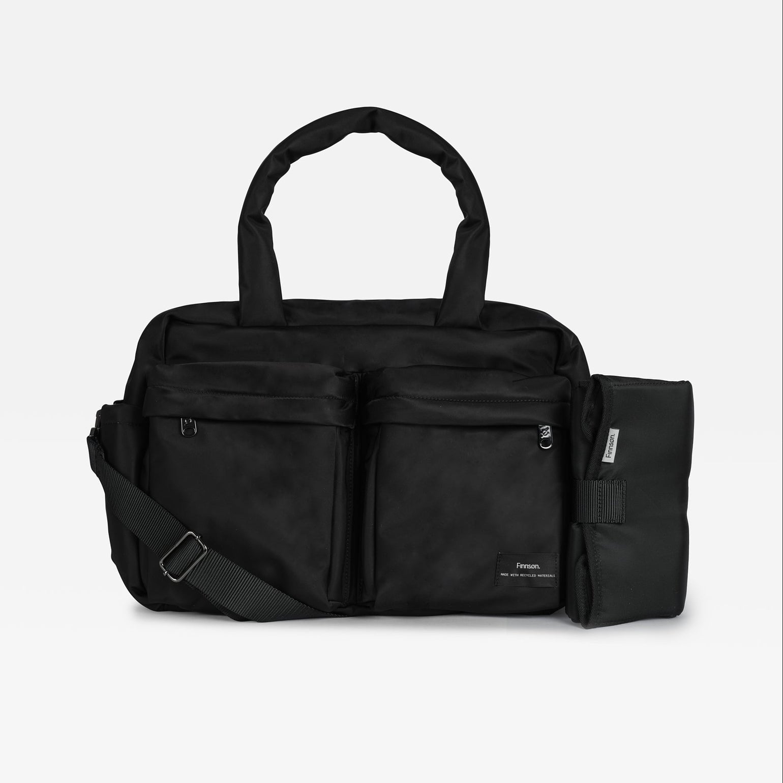 The Finnson Iris diaper bag with dual top handles, a detachable shoulder strap, and a side pouch, shown against a plain light gray background.