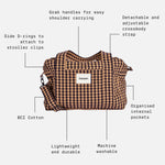 Sanna gingham check patterned bag on a light gray background with surrounding callout text and dotted lines explaining features