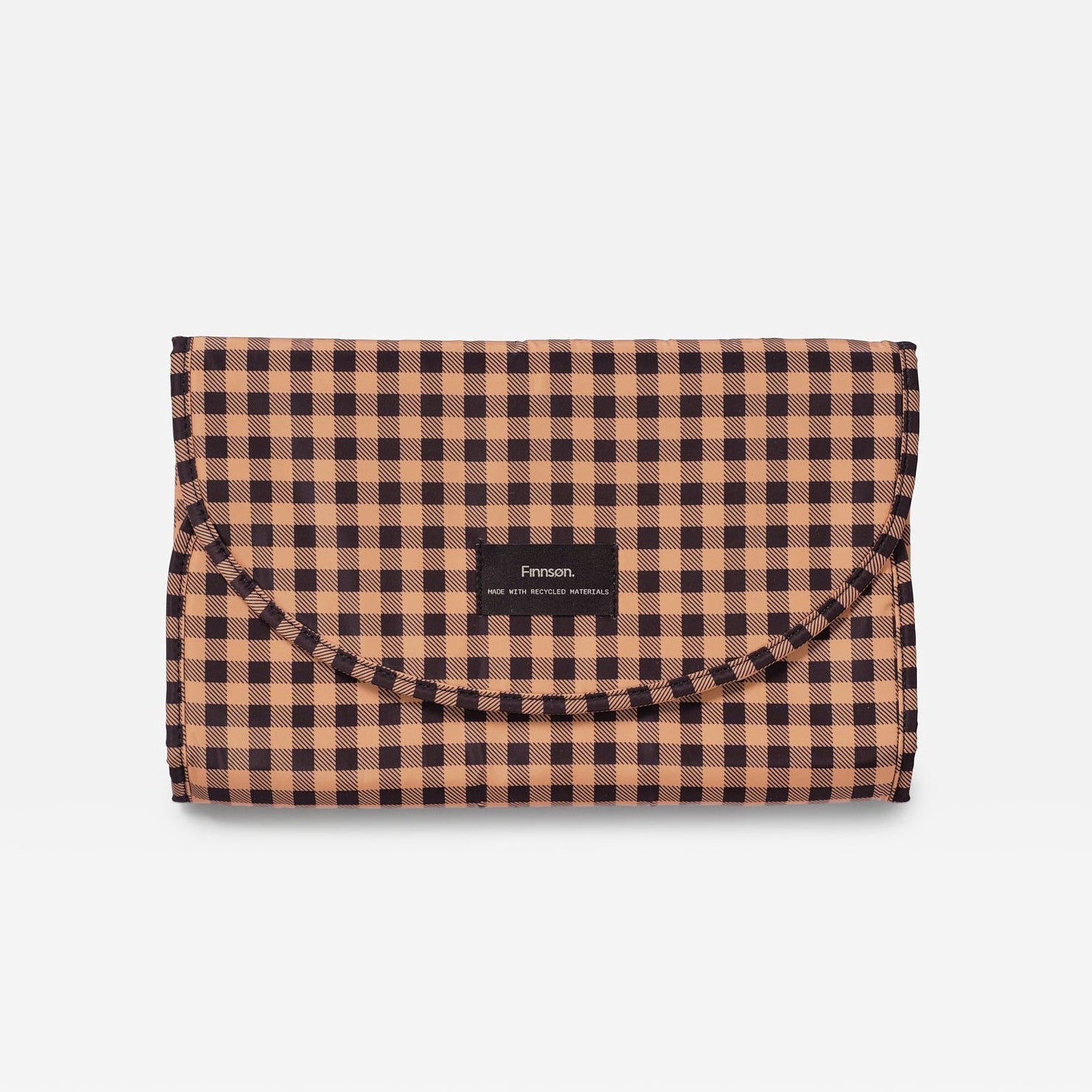 Oslo gingham check patterned travel changing mat, featuring a flap closure and a small black brand label that reads 'fashion'.