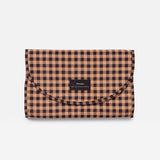 Oslo gingham check patterned travel changing mat, featuring a flap closure and a small black brand label that reads 'fashion'.