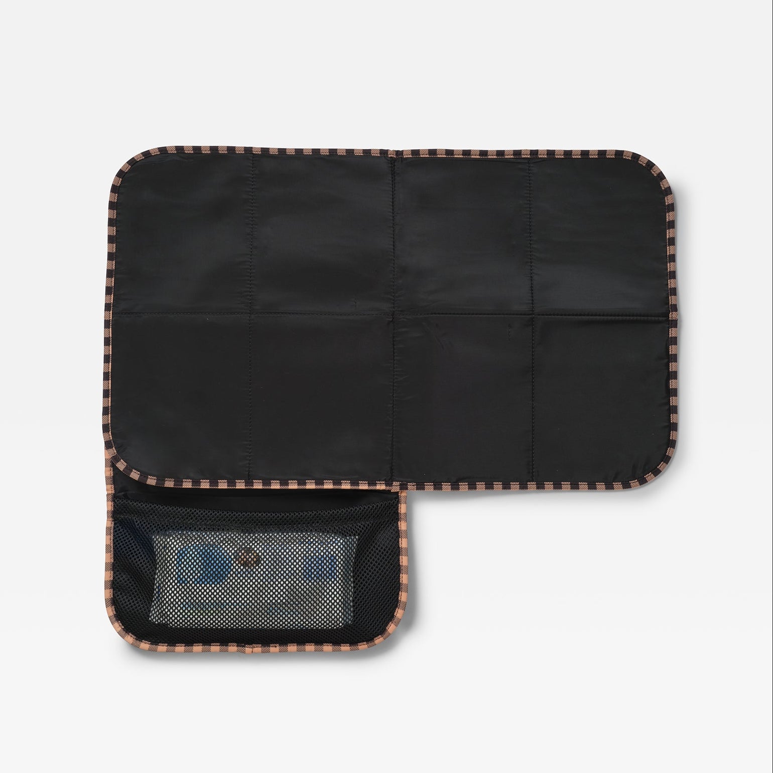 Oslo gingham check patterned travel changing mat, shown open to reveal the unfolded size of the mat and Internal mesh pocket for nappies, wipes and/or creams.