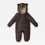 Anders baby puffer snowsuit in a dark brown and black leopard print, featuring a plush beige fleece-lined hood with bear ears, a front zipper, and long sleeves, shown against a plain white background.