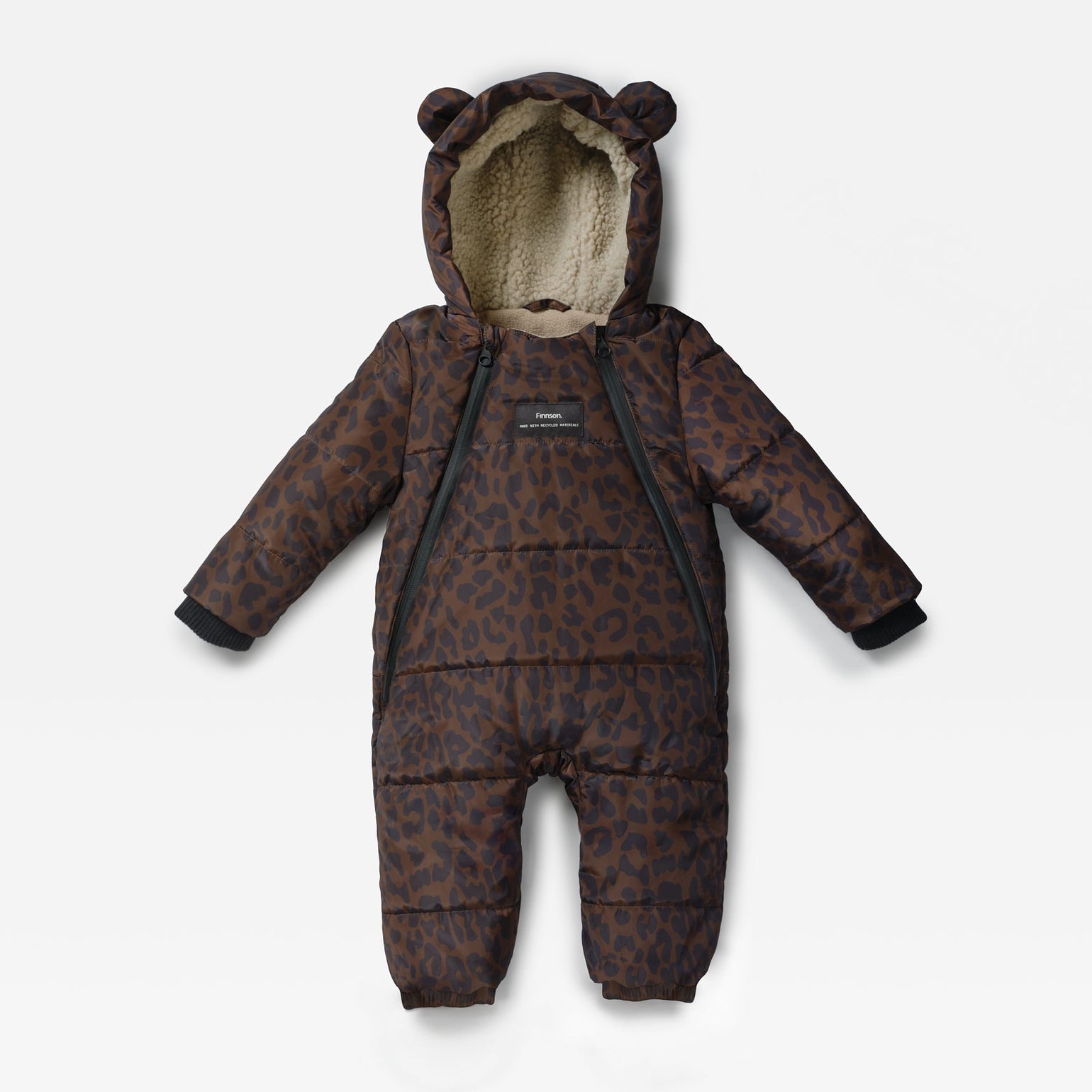 Anders baby puffer snowsuit in a dark brown and black leopard print, featuring a plush beige fleece-lined hood with bear ears, a front zipper, and long sleeves, shown against a plain white background.