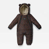 Anders baby puffer snowsuit in a dark brown and black leopard print, featuring a plush beige fleece-lined hood with bear ears, a front zipper, and long sleeves, shown against a plain white background.