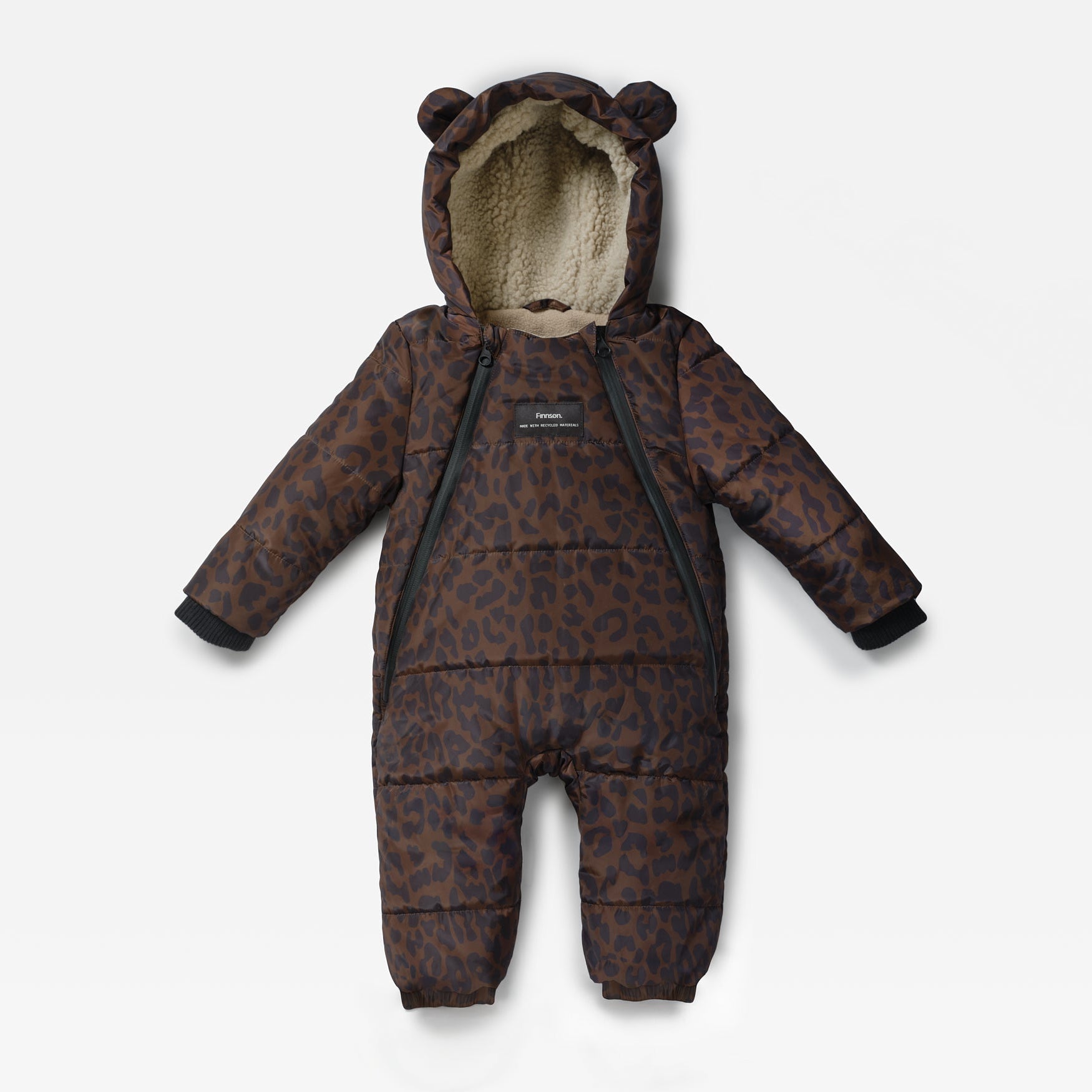 Anders baby puffer snowsuit in a dark brown and black leopard print, featuring a plush beige fleece-lined hood with bear ears, a front zipper, and long sleeves, shown against a plain white background.