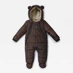 Anders puffer snowsuit in a dark brown and black leopard print pattern, featuring a plush beige fleece-lined hood with bear ears, a front zipper, and long sleeves and legs.