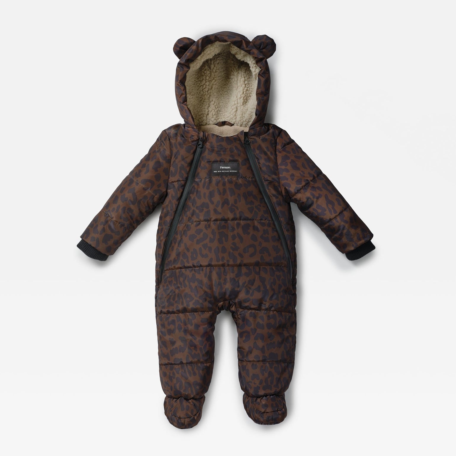 Anders puffer snowsuit in a dark brown and black leopard print pattern, featuring a plush beige fleece-lined hood with bear ears, a front zipper, and long sleeves and legs.