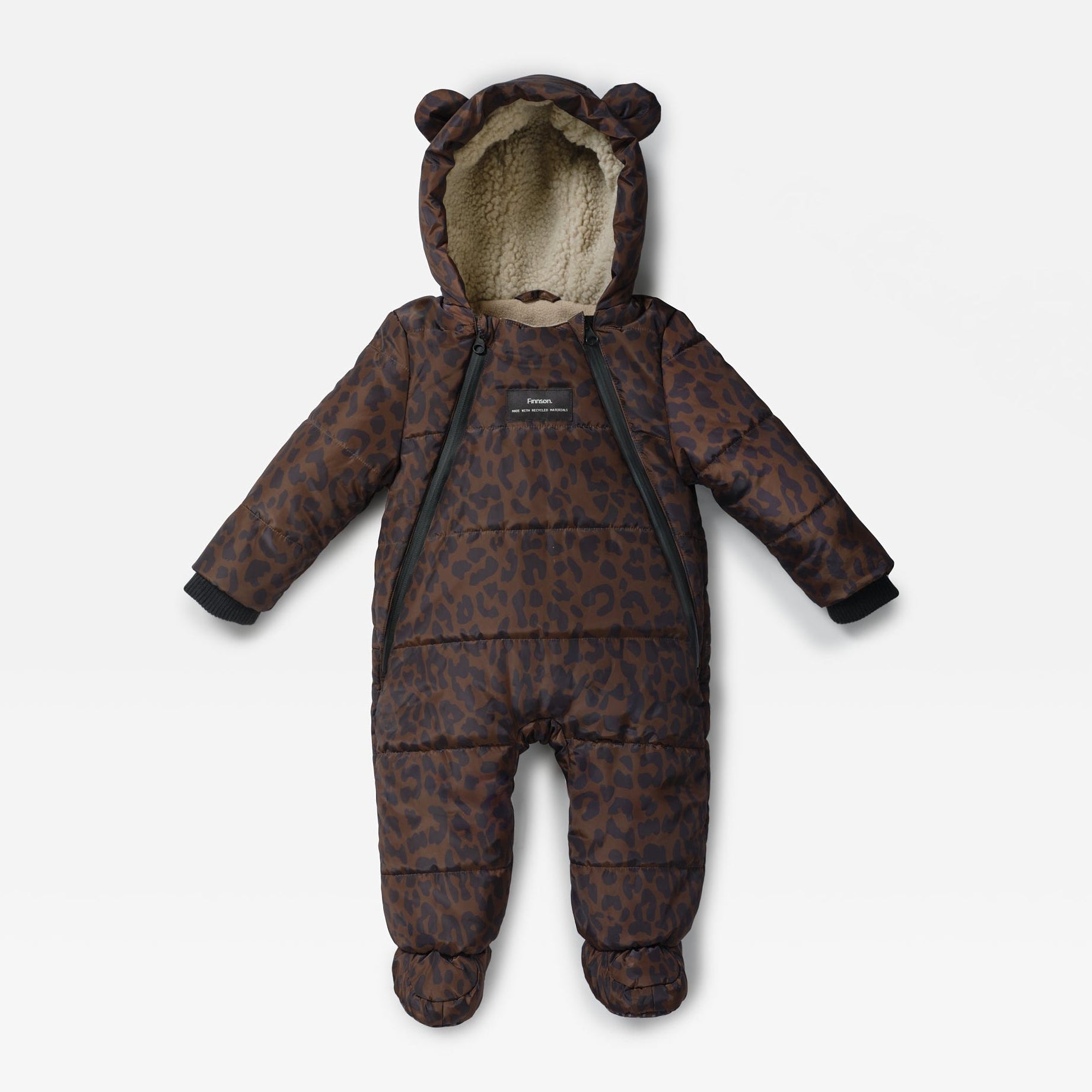 Anders puffer snowsuit in a dark brown and black leopard print pattern, featuring a plush beige fleece-lined hood with bear ears, a front zipper, and long sleeves and legs.