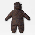Anders dark brown and black leopard-print puffer snowsuit with a hood featuring bear ears, shown from the back on a light gray background.