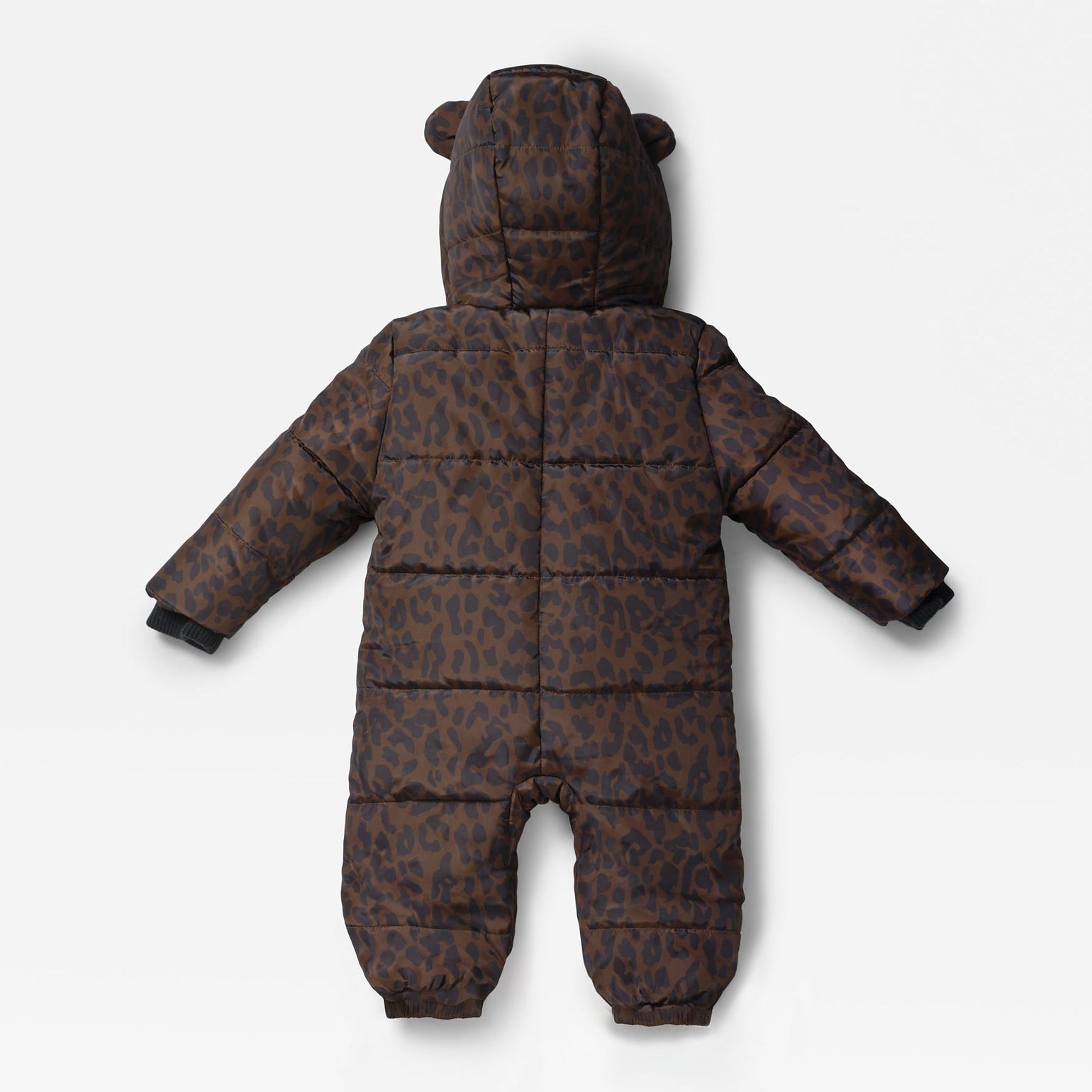 Anders dark brown and black leopard-print puffer snowsuit with a hood featuring bear ears, shown from the back on a light gray background.
