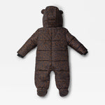 Anders puffer snowsuit in a dark brown and black leopard print pattern, featuring a hood with bear ears, long sleeves, and footed legs, shown against a light gray background.