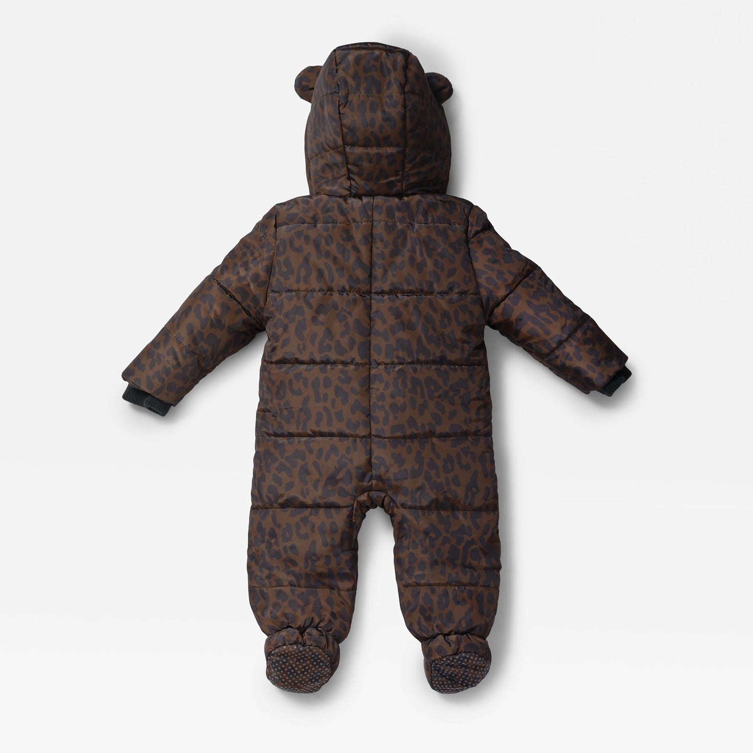 Anders puffer snowsuit in a dark brown and black leopard print pattern, featuring a hood with bear ears, long sleeves, and footed legs, shown against a light gray background.