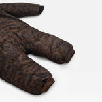 A close-up of the Anders brown and black leopard-print puffer snowsuit laid flat on a light gray background.
