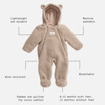 Alf borg beige eco pram suit with features highlighted on a white background