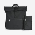 The Finnson Viggo black roll-top backpack shown with its matching black fold-out changing mat beside it, photographed on a clean white background.