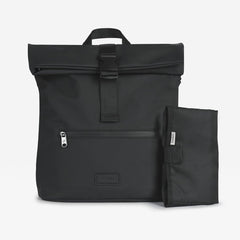 The Finnson Viggo black roll-top backpack shown with its matching black fold-out changing mat beside it, photographed on a clean white background.