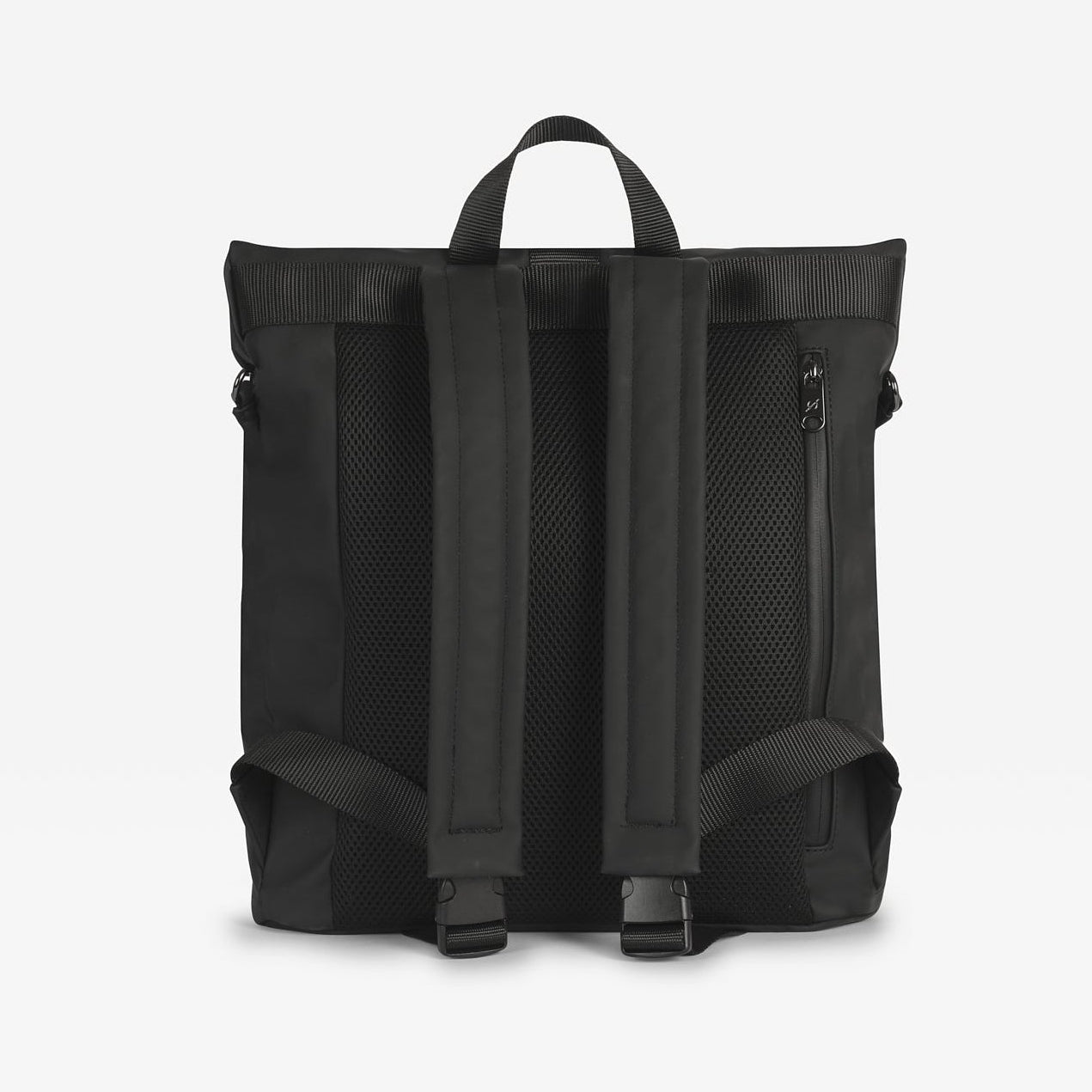 The Viggo black backpack shown from the back, featuring dual vertical padded shoulder straps, a top carry handle, and a vertical zippered pocket on the right side, set against a plain light gray background.