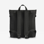 The Viggo black backpack shown from the back, featuring dual vertical padded shoulder straps, a top carry handle, and a vertical zippered pocket on the right side, set against a plain light gray background.